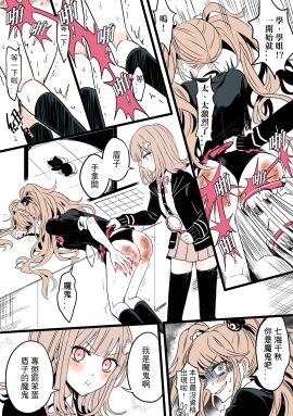 ! absurdres ass bear_hair_ornament bent_over black_panties black_shirt black_thighhighs blonde_hair blush clothes_lift comb danganronpa danganronpa:_trigger_happy_havoc danganronpa_2:_goodbye_despair female female_only hair_ornament highres holding holding_comb hu_wa_kuaidi indoors junko_enoshima kneehighs looking_at_viewer looking_back monokuma nanami_chiaki panties pink_eyes pout shirt skirt skirt_lift socks spanking speech_bubble sweat tears thighhighs trembling twintails underwear