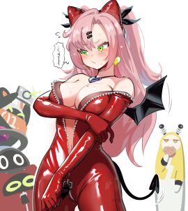 2girls alternate_costume anby_demara bangboo_(zenless_zone_zero) black_wings blonde_hair blush bodysuit breasts burger camera camera_flash catsuit cosplay demon_tail devilboo devilboo_(cosplay) eating eating_food electroboo electroboo_(cosplay) eous_(zenless_zone_zero) female green_eyes hand_on_own_arm heart heart_necklace holding_camera holding_food holding_object horns jewelry jitome large_breasts latex long_hair mole_(marking) mole_on_breast mole_under_eye navel necklace nicole_demara open_bodysuit open_clothes pink_hair red_bodysuit red_horns resonaboo speech_bubble spoken_squiggle squiggly_lines sweat tail taking_picture unzipped unzipped_bodysuit wings yoruniyoruyoshi zenless_zone_zero zipper