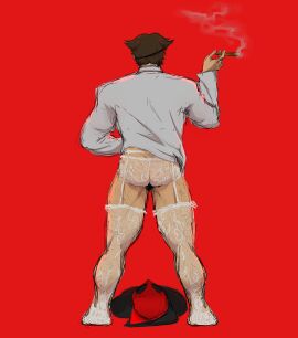 2boys ass ass_focus baimonbluewhale brown_hair cigar deadpool deadpool_&_wolverine_(2024) gay hairy hairy_male jacket lace-trimmed_panties lace-trimmed_thighhighs lingerie logan_(x-men) looking_up lying male marvel marvel_comics muscular muscular_male panties patch_(wolverine) short_hair smoke thighhighs wolverine_(x-men) x-men yaoi