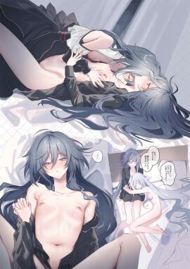2girls ? bare_arms bare_legs bare_shoulders black_dress black_jacket blue_eyes blush breasts closed_eyes dress female finger_on_nipple fu_hua fu_hua_(herrscher_of_sentience) grey_hair highres holding_hands honkai_(series) honkai_impact_3rd hug hug_from_side jacket kissing kissing_neck long_hair long_sleeves multiple_females multiple_girls navel nipples nude on_bed open_mouth pillow sexual_harassment sexually_suggestive small_breasts takakura_aki tent very_long_hair yuri