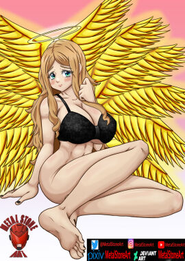 1girls angel angel_girl angel_wings artist_logo artist_name bare_shoulders barefoot big_breasts blush bottomless_female breasts brown_hair female female_only gabriel_(high_school_dxd) halo high_school_dxd huge_breasts large_breasts light-skinned_female light_green_eyes light_skin long_hair looking_at_viewer metalstoneart no_underwear solo toes two-tone_background yellow_wings