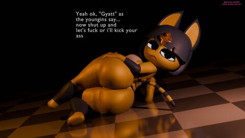 3d 3d_model animal_crossing ankha ankha_(animal_crossing) anthro ass back_view big_ass big_breasts blender_(software) breasts checkered_floor cocinaluco32651 dialogue doubutsu_no_mori female nairu_(doubutsu_no_mori) nintendo seductive seductive_look tagme tail