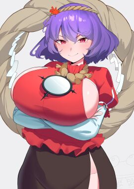 1girls background_character big_breasts breasts cameo clothed_female female goddess kanako_yasaka light-skinned_female light_skin mature_female purple_hair red_eyes sideboob smile solo solo_female suwako_moriya touhou urizaku3 white_background
