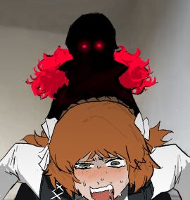 2girls alternate_costume ambiguous_penetration backshots crying don_quixote_(limbus_company) female green_eyes humor humour ishmael_(limbus_company) limbus_company orange_hair pleasure_face project_moon red_eyes shadow spongebob_backshots sweating vampire vampire_girl