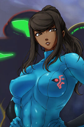 armor bodysuit breasts brown_eyes brown_hair covered_erect_nipples dark-skinned_female dark_skin female female_focus large_breasts long_hair metroid michael_f91 nintendo outdoors samus_aran sky solo source_request third-party_edit upper_body zero_suit zero_suit_samus