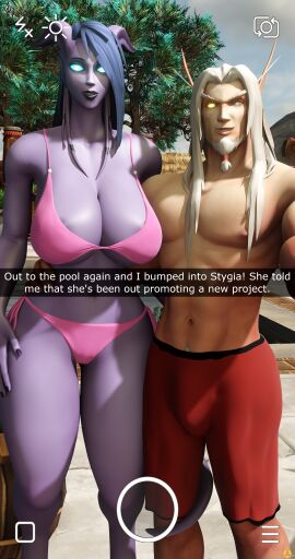 1boy 1girls 3d big_breasts bikini blizzard_entertainment blood_elf breasts draenei female horns huge_breasts kalec_sunwhisper light-skinned_male light_skin male mr_sunwhisper nipple_slip nude original_character purple_hair purple_skin snapchat stygia_(ladystygia) tail thick_thighs voluptuous voluptuous_female warcraft world_of_warcraft