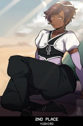 1boy ass big_ass blackwhiplash bleach bleach:_the_thousand-year_blood_war brown_skin dark-skinned_male dark_skin drugs femboy high male outside purple_hair shihouin_yuushirou sitting smoking smoking_weed solo solo_male thick_thighs yushiro_shihouin