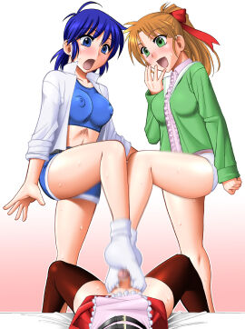 1boy 2girls blue_eyes blue_hair blue_shorts blue_sports_bra blush breasts brown_thighhighs censored covered_nipples crossdressing dress female female_on_femboy femboy femboy_on_female femdom footjob footjob_over_clothes green_eyes green_jacket hand_on_own_face high_ponytail highres jacket long_hair long_sleeves male male_pov mana_(super_real_mahjong) medium_breasts minase_itsuki_(vs_janshi_brand-new_stars) mokkouyou_bond mosaic_censoring motion_blur multiple_females multiple_girls navel nipples on_bed open_mouth orange_hair otoko_no_ko panties penis ponytail pov shiny_skin shirt short_hair shorts simple_background skirt smile socks sports_bra super_real_mahjong sweat thighhighs underwear vs_janshi_brand-new_stars white_panties white_shirt white_socks yuu_(super_real_mahjong)
