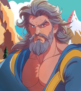 1boy bara beard clothed daddy facial_hair fantasy grey_eyes grey_hair human long-haired_male long_hair male male_only masculine mustache no_visible_genitalia smooth_skin smooth_skinned_male solo spaceguybob wizard yaoi
