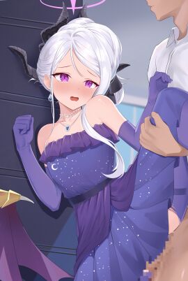 1boy absurdres black_halo blue_archive blush censored demon_girl demon_horns demon_wings dress earrings female gloves halo highres hina_(blue_archive) hina_(dress)_(blue_archive) horns indoors jewelry long_hair mosaic_censoring necklace off_shoulder official_alternate_costume official_alternate_hairstyle open_mouth pendant purple_dress purple_eyes purple_gloves sensei_(blue_archive) sex standing vividrabbit white_hair wings
