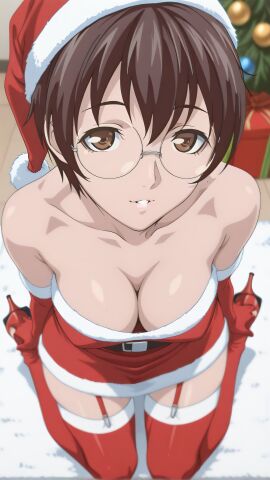 1girls ai_generated alternate_costume arm_gloves bare_shoulders belt bible_black bible_black_only blush boots brown_eyes brown_hair christmas christmas_clothing christmas_headwear christmas_outfit christmas_present christmas_tree cleavage clothing curvaceous curvy curvy_body curvy_female curvy_figure dress eyewear facing_viewer female female_focus female_only foot_grab front_view fur_trim garter_straps gentle_smile gift_box glasses gloves good_girl hands_on_feet heeled_boots heels high_heels high_resolution holidays kneeling long_boots looking_at_viewer megane nerdy nerdy_female no_bra no_bra_under_clothes nonogusa_miyuki pinup pixie_cut present_box presenting presenting_breasts revealing_clothes rimless_eyewear rimless_glasses santa_costume santa_girl santa_hat seiza short_hair shy skimpy skimpy_clothes smile smiling_at_viewer solo strapless strapless_dress teen teenage_girl teenager uncensored wariza