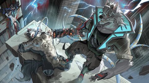 3_missing_limbs abs ale55 amputee angry annoyed anthro asphyxiation balls band-aid band-aid_on_face bandage bandage_on_face black_body black_fur body_writing bondage bottomwear canid canine canis chastity_cage chastity_device chinese_text city city_background cityscape cjk_tally_marks clenched_teeth clothed clothed/nude clothing constricted_pupils cybernetic_arm cybernetic_limb defeated defeated_hero disability dragonsmint electricity erection eye_scar eyewear eyewear_on_head facial_scar feet flaccid flat_chastity_cage foot_on_leg foreskin fur genital_tattoo genitals grin group hands_on_legs hero hi_res high-angle_view humanoid_genitalia humanoid_penis lightning lying male male/male mammal mgg_(character) muscular muscular_male nipples nude object_in_mouth on_back open_mouth pants pecs penis piercing pubes pupils raining retracted_foreskin ring_piercing scar skinsuit small_pupils smile standing sunglasses sunglasses_on_head tally_marks tattoo teeth tentacle tentacle_around_neck text tight_clothing topwear torn_skinsuit trio triple_amputee uncircumcised vein veiny_penis white_body wolf