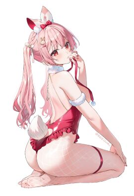 1girls ass barefoot breasts bunny_ears bunny_tail bunnysuit fake_animal_ears female female_only fishnet_legwear fishnets full_body fur_trim hair_ornament looking_at_viewer nail_polish original pink_hair red_eyes rosuuri sideboob simple_background sitting solo tail twintails white_background