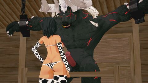 1girls 1monster 3d bikini bikini_bottom bikini_top black_hair black_hair_female cat_ears chained_up cow_print cow_print_bikini erect_penis faunus grimm_(rwby) half-dressed half_naked half_naked_female horns indrick_[artist] kali_belladonna monster monster_cock penis pierced_ears rwby