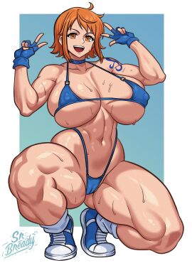 absurdres artist_name biceps bikini blue_background blue_bikini breasts bursting_breasts cameltoe cleft_of_venus covered_erect_nipples curvy double_v female female_focus female_only fingerless_gloves full_body gloves gluteal_fold gradient_background halterneck highleg highleg_bikini highres kneeling large_breasts looking_at_viewer muscular muscular_female nami_(one_piece) navel one_piece open_mouth orange_eyes orange_hair out_of_frame peace_sign pre-timeskip pussy shiny_skin shoes short_hair shoulder_tattoo simple_background skindentation sneakers solo srbready sweat sweatdrop swimsuit tattoo teeth thong thong_bikini upper_teeth wide_hips