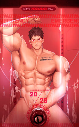 1boy abs angry armpits arms_up bara barcode barcode_tattoo beard_stubble biceps big_chest black_hair blush censor_bar censored censored_penis cum cum_on_glasses frown gay glowing_eyes hand_on_glass hi_res holding_penis hole_in_wall imprisoned iv_line looking_at_penis male male_only masturbation meisho_hanten muscles muscular muscular_arms muscular_legs muscular_male muscular_thighs original original_character pecs penis penis_insertion red_background red_eyes semen short_hair six_pack sweat sweatdrop sweating sweaty tattoo text thick_arms thick_cum thick_penis vein wide_shoulders yaoi