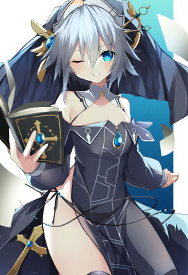 2d 2d_(artwork) ass blue_eyes book breasts clothed date_a_live female grey_hair honjou_nia jam_(pixiv) light-skinned_female light_skin nun nun_hat nun_outfit panties short_hair small_breasts solo solo_female thick_thighs thighs wink