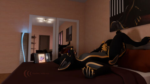 16:9 3d animal_genitalia animal_penis anthro arn_(kaedalicious) balls bed biped black_body black_fur canid canine canine_genitalia canine_penis chest_tuft claws closed_eyes digital_media_(artwork) erection fangs fox fur furniture genitals hi_res inner_ear_fluff inside kaedalicious knot knotted_penis looking_pleasured lying male mammal masturbation mirror nude on_back on_bed open_mouth paws penile penile_masturbation penis reflection sheath signature solo teeth tuft widescreen