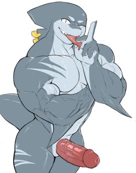 5_fingers animal_genitalia anthro arm_fin biceps biped bodily_fluids claws digital_media_(artwork) dripping erection eyebrows fangs fin fin_piercing fingers fish furgonomics furry-specific_piercing genitals gesture glans grey_body grey_claws grey_eyebrows grey_tail hand_gesture hi_res holding_tongue humanoid_genitalia humanoid_penis looking_at_viewer male male_only marine matchykiwaii middle_finger muscles muscular muscular_anthro muscular_male nude pecs penis piercing pink_glans pink_penis pink_tongue pupils ring_piercing saliva saliva_drip saliva_on_tongue shark simple_background slit_pupils solo standing tail teeth tongue tongue_out vein veiny_muscles veiny_penis white_background yellow_eyes yellow_pupils