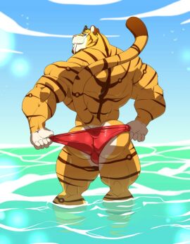 2018 anthro back_muscles brown_stripes caleb_(floofninja) clothed clothing deltoids eyewear eyewear_on_head fangs felid forearm_muscles fur gloves_(marking) green_eyes hi_res kartos legs_in_water looking_at_viewer looking_back looking_back_at_viewer male mammal markings muscles muscular muscular_anthro muscular_ass muscular_butt muscular_male muscular_thighs partially_submerged prehistoric_species red_clothing red_speedo red_swimwear saber-toothed_tiger sabertooth_(anatomy) solo speedo speedo_only standing_in_water striped_body striped_fur stripes sunglasses sunglasses_on_head swimwear teeth topless triceps yellow_body yellow_fur
