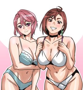 2girls absurdres ayase_momo black_choker blue_bra blue_panties bra breasts brown-haired_female brown_eyes brown_hair choker closed_mouth dandadan earrings female gyaru highres jewelry kogal large_breasts looking_at_viewer medium_hair multiple_females multiple_girls navel panties pink-haired_female pink_eyes pink_hair shiratori_aira_(dandadan) smile teeth underwear white_bra white_panties yawakon