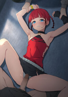 2boys arched_bangs armpits arms_up assisted_rape asukagawa_chise belt big_penis black_skirt blue_eyes blush bracelet braid breasts censored clenched_teeth commission fanged_bangs female fingerless_gloves flat_chest gloves gridman_universe groin_tendon halter_shirt halterneck highres imminent_rape imminent_sex jewelry large_penis looking_at_viewer lying male mole mole_under_mouth mosaic_censoring multiple_boys multiple_males ocza on_back on_ground panties penis pov pov_crotch red_hair restrained single_fingerless_glove single_glove skeb_commission skirt small_breasts spread_legs ssss.dynazenon straight striped_clothes striped_panties teeth thighs twin_braids underwear