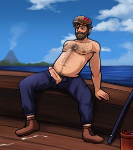 1boy 2021 bara beard blue_pants blush boat body_hair boots brown_hair chest_hair clothed clothed_male clouds cum cum_drip cum_dripping_from_penis cum_on_body cum_on_floor cum_string exposed_penis fishing gay hat leaning_back male male_only ocean ocean_background older_male open_mouth pants penis penis_out shirt_removed shirtless shirtless_male solo solo_male soupyeel stardew_valley thick_penis volcano willy_(stardew_valley) wooden_floor yaoi