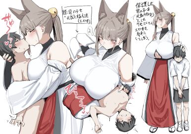 1boy 2024 2d 2d_(artwork) 2d_artwork animal_ear_fluff animal_ears asymmetrical_sidelocks bell black_hair black_undershirt blush book breasts brown_hair clothing_cutout detached_sleeves dress facial_mark fantasy female fingerless_gloves fox_ears fox_girl geta gloves grey_shorts hair_bell hair_ornament hand_on_another's_head height_difference highres huge_breasts jingle_bell kissing long_hair male mommy mommy_dom multiple_views narodenden nipple_stimulation nipple_tweak on_lap open_book original paizuri paizuri_under_clothes red_skirt sandals seiza shorts sitting size_difference skirt sleeveless sleeveless_dress socks straight sweat tabi underboob underboob_cutout white_background white_dress white_sleeves white_socks yellow_eyes