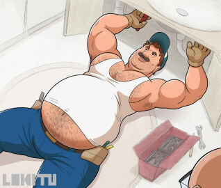 1boy 2boys baseball_cap bear_(body_type) belly belly_focus big_belly brown_hair bulky chub chubby chubby_male chubby_males_only daddy facial_hair fat fat_belly glasses gloves hairy hairy_chest lokitu looking_down_at_another male male_only male_weight_gain obese obese_male overweight overweight_male round_belly sink solo solo_male story_in_description tank_top tool_box toolbox weight_gain what wrench