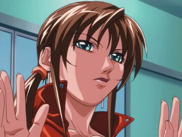 00s 1girls 2004 animated aqua_eyes bible_black bible_black_new_testament blue_bra breasts brown_hair cleavage crop_top earrings female gloves grabbing_another's_breast groping hair_ornament hands_up high_collar imari_kurumi jewelry knotting large_breasts leather_jacket lipstick long_hair makeup nipple_stimulation_through_clothes orange_jacket red_jacket robbery shin_bible_black side_ponytail tagme