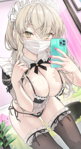 1girls apron bikini black_shrug blonde_hair bow bowtie breasts brown_thighhighs cellphone cleavage cowboy_shot eyes_visible_through_hair female frilled_bikini frilled_shirt_collar frilled_thighhighs frills hands_up highres holding holding_phone large_breasts leaning_forward long_hair looking_at_viewer low_twintails maid maid_bikini maid_headdress mask mouth_mask nail_polish original peragura phone pink_nails pink_pupils short_sleeves shrug_(clothing) side-tie_bikini_bottom smartphone solo standing string_bikini swimsuit thighhighs thighs twintails unconventional_maid very_long_hair waist_apron yellow_eyes