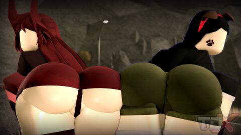 2girls 3d ass ass_focus bent_over big_ass black_gloves black_hair black_shirt black_sleeves boots clothing copyright_logo crop_top dog_ears edj_(tdx) faceless faceless_character faceless_female female female_focus female_only gloves green_shorts headband horns jacket leather_jacket light-skinned_female light_skin long_hair long_sleeves official_alternate_costume outdoors pale-skinned_female pale_skin partially_clothed partially_clothed_female pinkishpinkas red_boots red_hair red_headband red_horns red_jacket red_shorts red_sleeves roblox roblox_game robloxian rockband_edj_(tdx) shirt short_sleeves shorts socks standing straight_hair thick_thighs thighs tower_defense_x white_socks