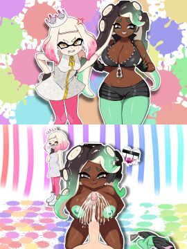 1boy 2d 2girls 2koma anger_vein artist_upload bare_shoulders big_breasts blush breasts brown_hair cheating cheating_girlfriend cleavage clenched_teeth clothes_on_floor clothes_removed commission completely_nude cropped_jacket crown cuckquean cum dark-skinned_female dark_skin excessive_cum feet_out_of_frame female femsub fingerless_gloves flying_sweatdrops gradient_hair green_blush green_eyes green_hair green_legwear hand_on_mouth hands_on_hips human_dominating_humanoid inkling inkling_girl instant_loss_2koma jacket large_breasts leaning_forward lesbian_conversion lesbian_ntr lesbian_pride_colors lesbian_to_straight lesbian_with_male light-skinned_female light_skin long_hair male maledom marina_(splatoon) medium_breasts medium_hair midriff mole mole_under_mouth nervous nervous_smile netorare nintendo nipples ntr nude octoling octoling_girl off_the_hook_(splatoon) paizuri pearl_(splatoon) pink_hair pink_legwear pov revision shorts simple_background sleeveless small_breasts splatoon splatoon_2 splatoon_3 straight sweatdrop tentacle_hair textless two-tone_hair unepicroachy unzipped watching_sex white_background white_hair wide_hips yellow_eyes zipper