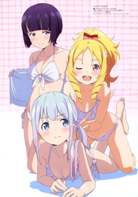 3girls absurd_res bikini blonde_hair blush breasts eromanga_sensei highres izumi_sagiri kneeling kobayashi_keisuke lying multiple_girls official_art pink_hair ponytail purple_hair senju_muramasa short_hair smile soles swimsuit toes two-tone_hair white_bikini yamada_elf