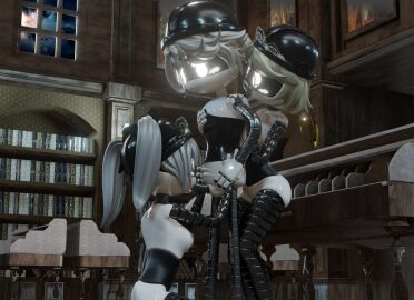 1boy 2girls 3d 3d_(artwork) accurate_art_style alexandrstariy butler drone female glasses glitch_productions gold_hair golden_hair j_(murder_drones) j_worker_drone library light_gray_hair maid maid_headdress male male/female murder_drones n_(murder_drones) n_worker_drone penis robot robot_boy robot_girl sex stepanaan suck sucking sucking_penis v_(murder_drones) v_worker_drone white_eyes white_hair