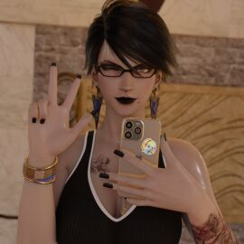 1girls 3d bayonetta bayonetta_(character) bayonetta_2 big_breasts black_eyeshadow black_hair black_lipstick black_nails blender breasts curvy earrings eyeshadow female female_only glasses goth grey_eyes jewelry lipstick long_nails looking_at_viewer metroid nail_polish peace_sign phone samus_aran self_upload short_hair solo sports_bra sportswear tattoos thick wink winking_at_viewer your_waifu
