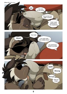 5_fingers anthro balls balls_lick baraking beard belt black_hair blindfold blush bodily_fluids brown_body brown_fur clothing collared_shirt comic dialogue domestic_cat duo english_text eyewear facial_hair father_(lore) father_and_child_(lore) father_and_son_(lore) felid feline felis fingers fur genital_fluids genitals hair hi_res incest_(lore) khon_(baraking) licking male male/male mammal nub_(baraking) open_belt open_mouth oral parent_(lore) parent_and_child_(lore) parent_and_son_(lore) precum precum_through_clothing saliva sex shirt smile sniffing son_(lore) sound_effects speech_bubble standing text thought_bubble tongue tongue_out topwear underwear unzipped unzipped_pants wet wet_clothing white_beard white_body white_facial_hair white_fur white_hair zipper