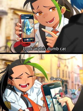 accidental_exposure black-haired_female black_hair caught cellphone cellphone_photo comic_page crying crying_with_eyes_closed embarrassed female flexing green_hair khyleri laughing long_hair meme mirror_selfie nemona_(pokemon) orange_eyes orange_tie peeing peeing_on_another penny_(pokemon) phone phone_screen pokemon selfie shirtless showing_phone sweat topless topless_female unseen_character urine_stream vaporeon watersports white_shirt