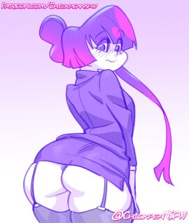 2024 asian_female ass big_ass big_butt business_suit chickpea fat_ass female glitch_techs gradient_background huge_ass huge_butt long_hair looking_at_viewer looking_back_at_viewer looking_over_shoulder miko_kubota office_lady panties panty_peek purple_background purple_theme sfw simple_background