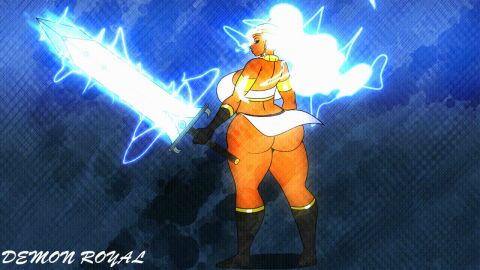 animated ass ass_exposed black_girl breasts demonroyal female gif glowing_hair goddess huge_ass huge_breasts huge_sword jewelry katherine_(demonroyal) lightning lightning_goddess looking_back milf mother original original_character ponytail solo_female weapon