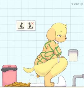 2025 animal_crossing anthro anus bathroom blush bottomless breasts butt canid canine canis clothed clothing crowning crowning_feces domestic_dog fart fart_cloud fart_fetish feces feces_on_ground feces_on_squat_toilet feces_on_toilet feces_pile female furry goldie_(animal_crossing) missing_toilet nintendo onomatopoeia pipe scat shit sign small_fart squat_toilet squatting tagme tail text toilet toilet_use tonrip trash_can