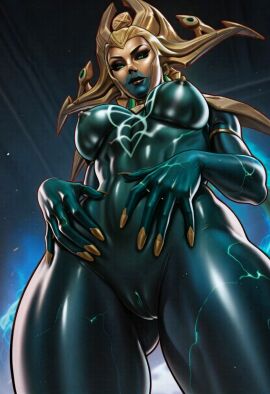 1girls ai_generated animated civitai colored_sclera cosmic_body cosmic_hair cosmic_skin dandon_fuga_style female female_focus female_only glowing goddess green_body green_eyes green_skin hela hela_(empress_of_the_cosmos) hela_(marvel_rivals) kirillai marvel marvel_comics marvel_rivals nude nude_female pussy solo solo_female spiked_helmet tagme thick_thighs video_game video_game_character video_games