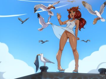 1girls :o artist_name assisted_exposure bare_arms bare_shoulders barefoot bird blue_sky borrowed_character bottomless breasts clothes_lift clothes_theft cloud collarbone commentary dark-skinned_female dark_skin day dr_graevling dress dress_lift english_commentary exposed_pussy feet female female_only flip-flops food full_body green_eyes highres long_hair low_ponytail malyna malyna_(malberrybush) open_mouth original outdoors pier pubic_hair pussy red_hair sandals sausage seagull shaped_pubic_hair shiny_skin sky small_breasts solo sparse_pubic_hair theft toes uncensored upskirt white_dress