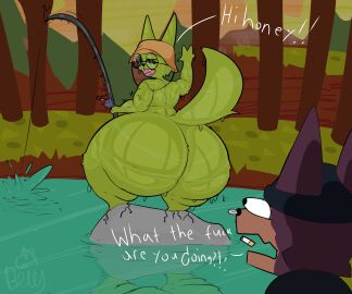 2024 absurd_res anthro ass beanie bellyboi13 big_ass big_butt black_beanie black_body black_clothing black_eyes black_eyewear black_fur black_glasses black_hat black_headwear black_nose black_topwear brown_body brown_clothing brown_fur brown_hat brown_headwear canid canine canis cigarette closed_eyes clothing dialogue digital_media_(artwork) domestic_dog duo english_text exclamation_point eyewear facial_piercing fangs fishing fishing_hat fishing_rod forest fur gesture glasses grass green_body green_ears green_fur green_tail hat headgear headwear hi_res holding_fishing_rod holding_object huge_ass huge_butt intraspecies lake looking_at_another looking_back male male_only mammal multicolored_body multicolored_fur nose_piercing nose_ring on_rock outside piercing plant question_mark ring_piercing rock sharp_teeth signature standing surprise surprised_expression tail teeth text thick_thighs tongue topwear tree two-tone_body two-tone_fur water waving waving_hand webfishing wet