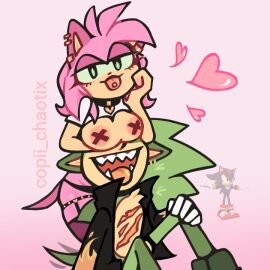 amy_rose big_breasts breasts breasts_on_head collar copii_chaotix ear_piercing earrings female furry garter_straps gloves green_fur leather_jacket male multiple_boys multiple_males pink_fur rosy_the_rascal_(archie) scar scourge_the_hedgehog sega shadow_the_hedgehog sharp_teeth shoes sonic_(series) sonic_the_hedgehog_(archie) thighhighs thong tongue tongue_out tongue_piercing