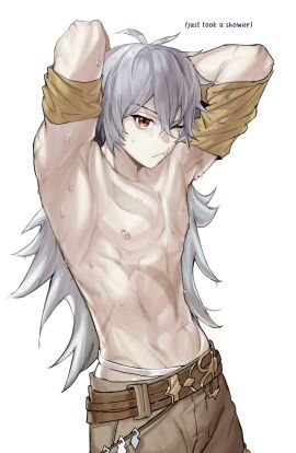 armpit_fetish armpits bana_gameg bare_armpits gay genshin_impact grey_hair half_naked male male_focus male_only midriff navel out_of_shower razor_(genshin_impact) shaved_armpit shirtless showing_armpits silver_hair sweat sweating sweaty twink wet