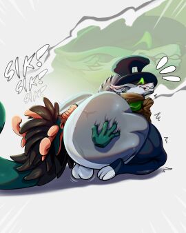 absurd_res anal anthro anthro_only ass ass_grab balls big_ass big_butt blush blush_lines bodily_fluids butt_grab canid canine canis clothing coat_cape dragon duo genitals grin hair hand_on_ass hand_on_butt hankerchief hat headgear headwear hi_res horn legwear loki_(k'draws) long_hair long_neck male mammal monana-yo1 mythological_creature mythological_scalie mythology on_knee oral reflective_body rimming rimming_male saliva scalie sex shaking simple_background smile tarou_(taroumyaki) thigh_highs top_hat wolf