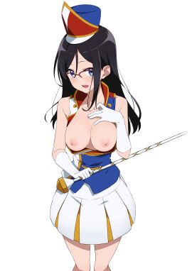 1girls absurd_res band_uniform baton big_breasts black_hair black_skirt blue_eyes breasts breasts_out collarbone fantia_reward female female_focus female_only glasses gloves hat hi_res hibike!_euphonium large_breasts long_hair looking_at_viewer marching_band_uniform morisobo nipples open_clothes open_mouth open_shirt paid_reward red_glasses simple_background skirt solo solo_female solo_focus sweat tanaka_asuka teeth upper_teeth white_background white_gloves