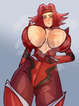 1girls big_breasts blue_background blue_eyes blush bodysuit breasts code_geass female female_focus henfent hentae_(artist) huge_breasts kallen_stadtfeld red_hair short_hair solo solo_female solo_focus sunrise_(studio) sweat sweaty_breasts thighs unzipping wide_hips