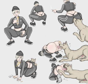 1boy 1girls all_fours anilingus animal_genitalia animal_penis anus ass blonde_hair blue_eyes breasts canid canine canine_genitalia canine_penis canis censored censored_penis censored_pussy cigarette clothed clothed_female clothing dog_penis dog_rimming_female domestic_dog ear_piercing earrings female female_on_feral feral feral_on_female feral_on_human holding holding_object holding_phone human_on_feral knotted_penis licking male male/female mastak medium_breasts mosaic_censoring original original_character panties panties_aside penis phone pierced_ears piercing piercings pussy rolling_eyes saliva saliva_trail short_hair simple_background slav_squat tongue tongue_out white_background zoophilia